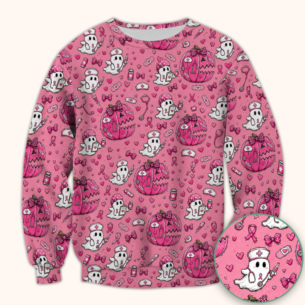 Pink Ribbon Ghost Pattern Nurse Scrub Top