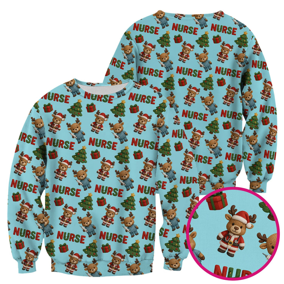 Reindeer Christmas Scrub Top, Cute Holiday Nurse Scrub Shirt, Festive Pattern Nursing Uniform
