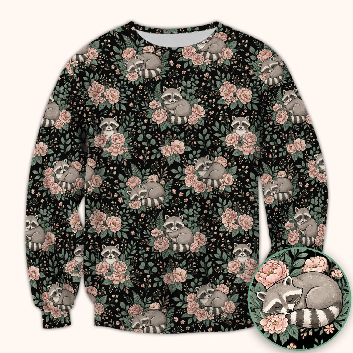 Sleeping Raccoon Rose Garden Nurse Scrub Top