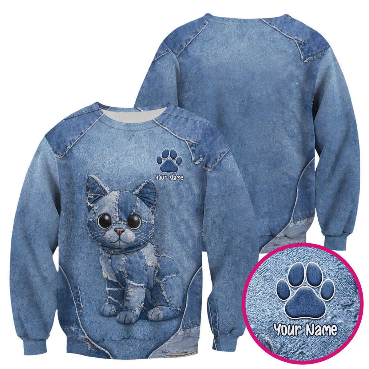 Personalized Patchwork Denim Cat Nurse Scrub Top