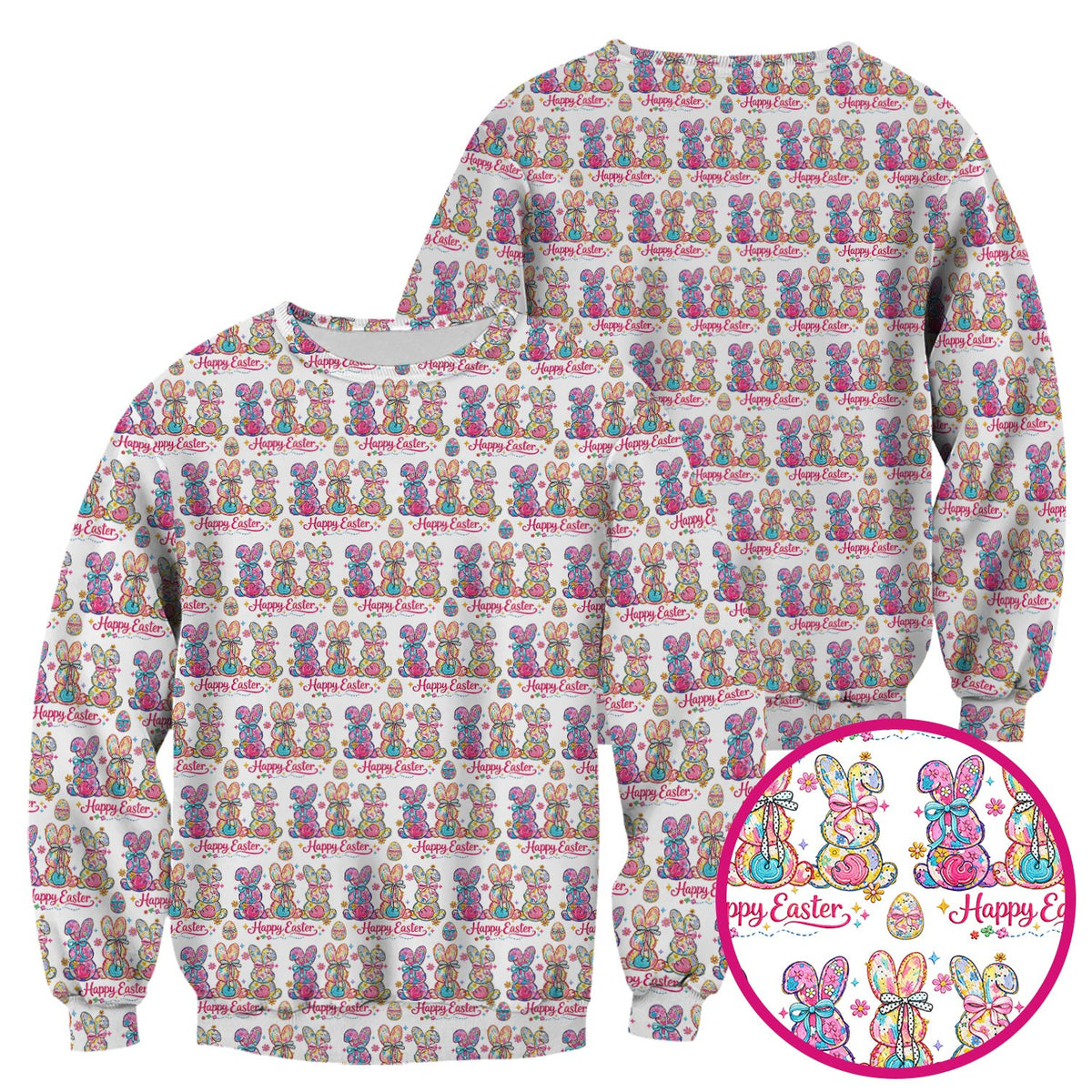 Pink Happy Easter Bunny Pattern Scrub Top, Comfortable Scrubs for Nurses