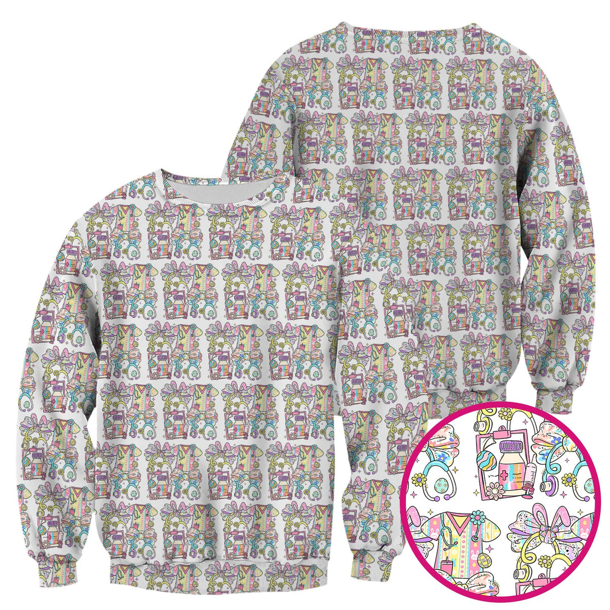 Colorful Nurse Scrub Supplies Pattern Scrub Top, Breathable Fabrics Nursing Uniform
