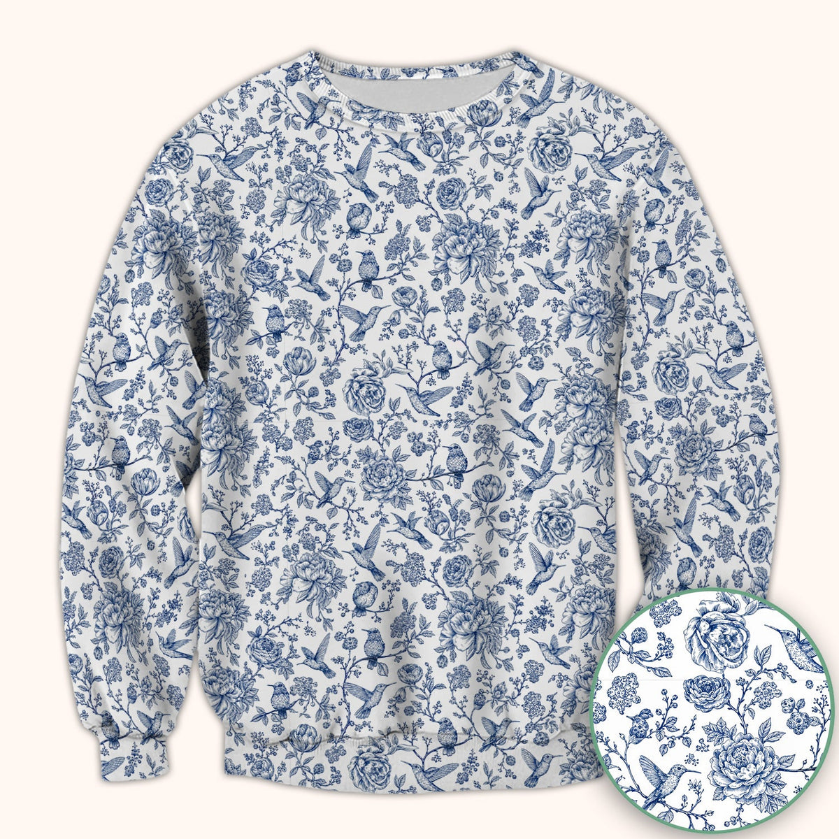 Blue Toile Hummingbird Floral Nurse Scrub Top