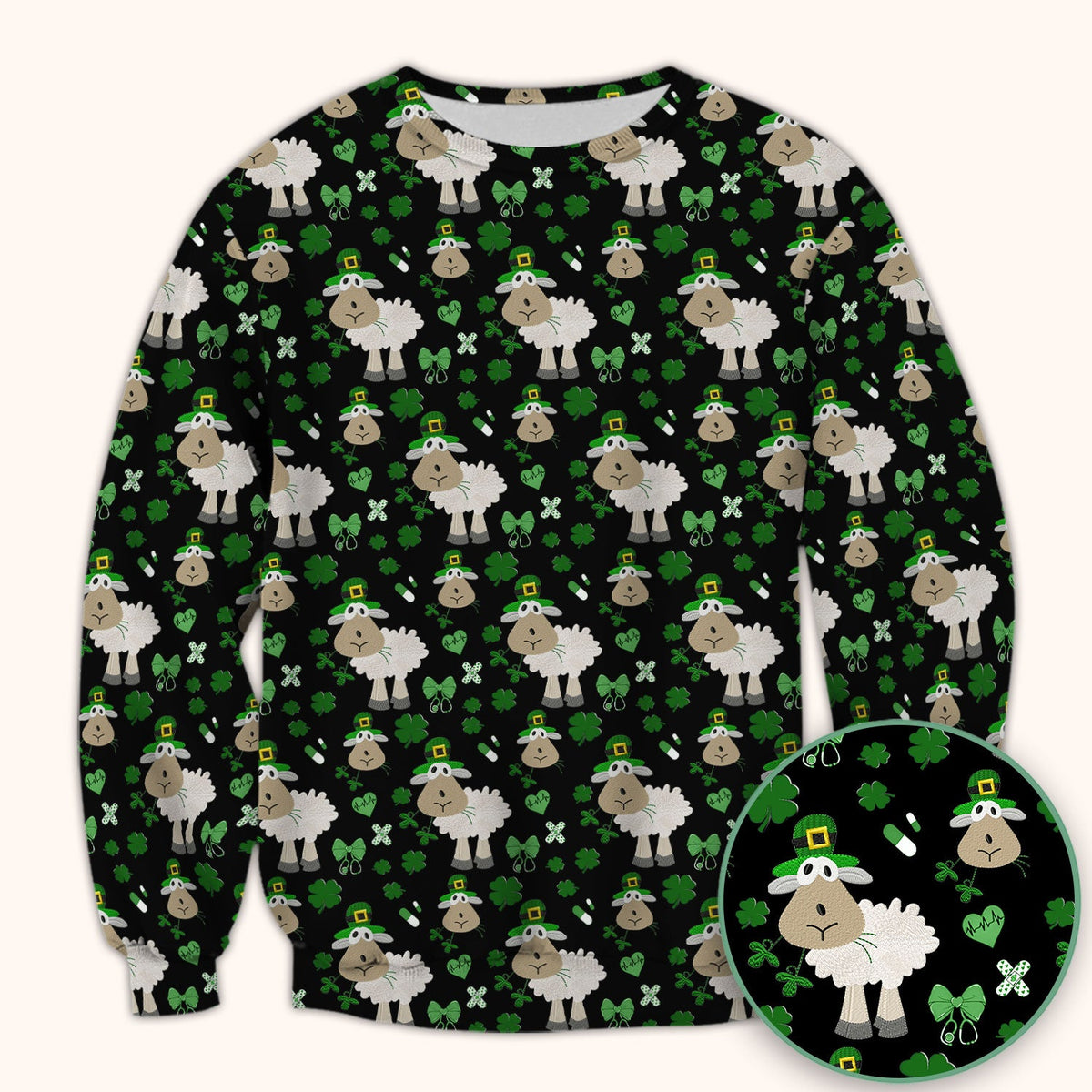 Nurse St. Patrick's Day Scrubs Top, Cute Sheep Shamrock Pattern Nurse Shirt, Breathable Fabrics Nursing Uniform