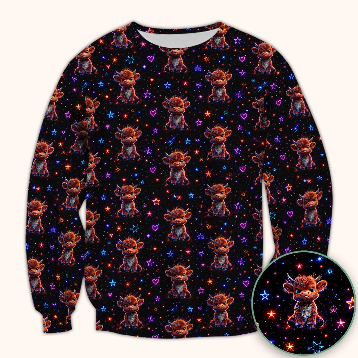Neon Highland Cow Stars Nurse Scrub Top