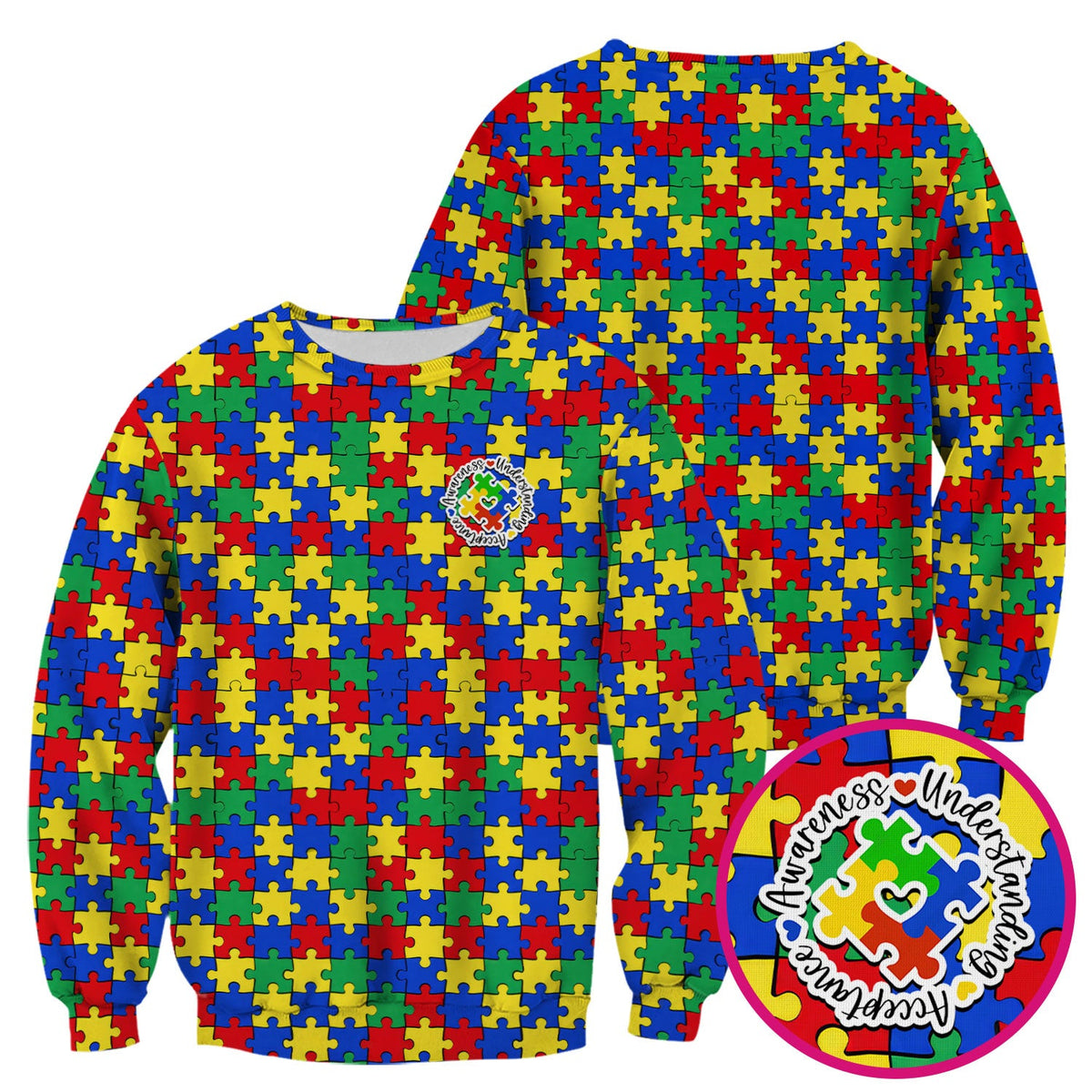 Autism Awareness Puzzle Pattern Scrub Top, Breathable Fabrics Nursing Uniform