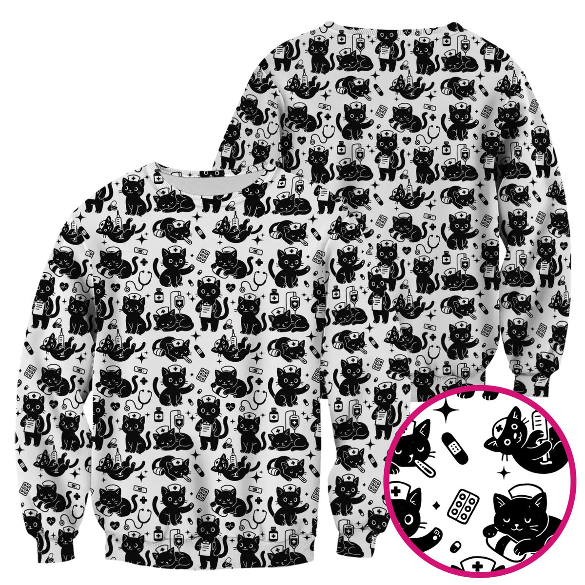 Cute Black Cat Nurse Pattern Scrub Top, Breathable Fabrics Nursing Uniform