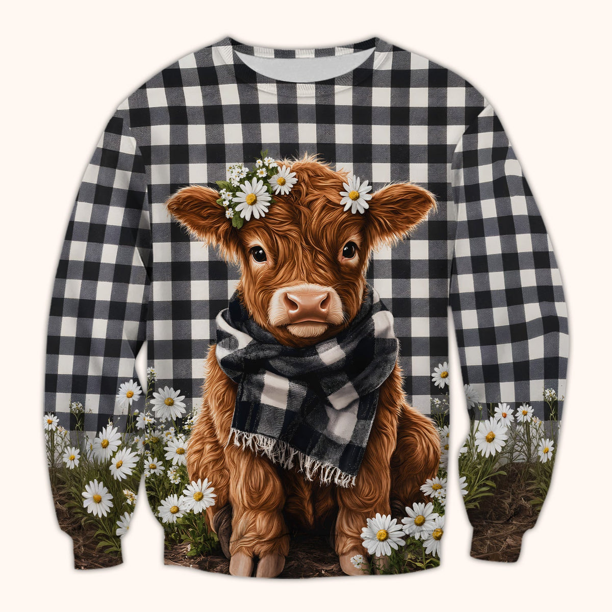 Highland Cow Daisy Pattern Scrub Top, Comfortable Scrubs for Nurses