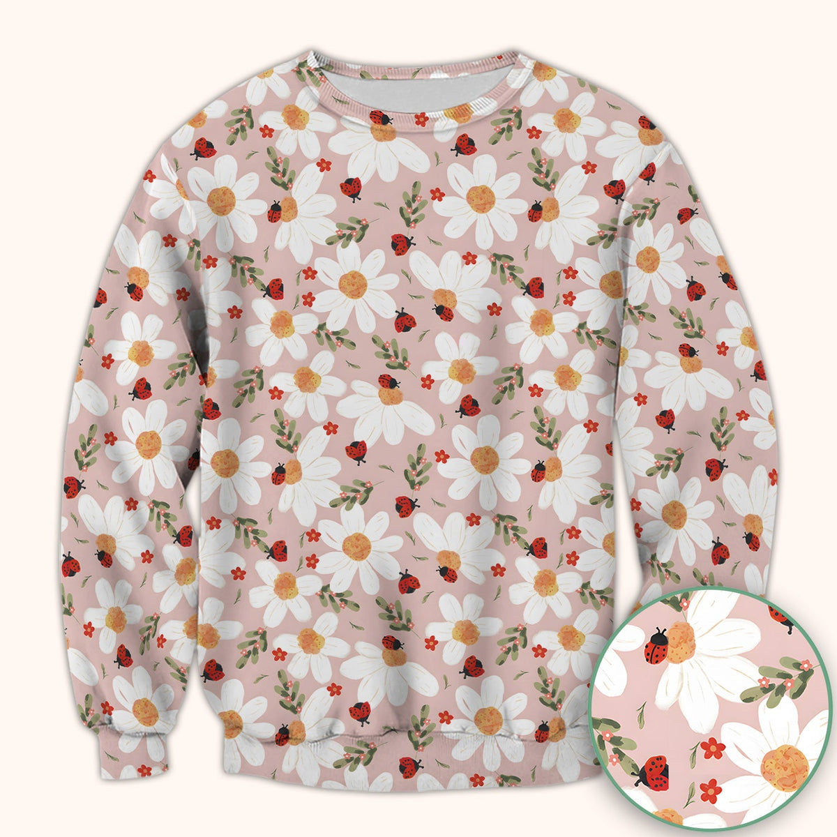Daisy Ladybug Garden Blossom Pattern Scrub Top, Comfortable Scrubs for Nurses
