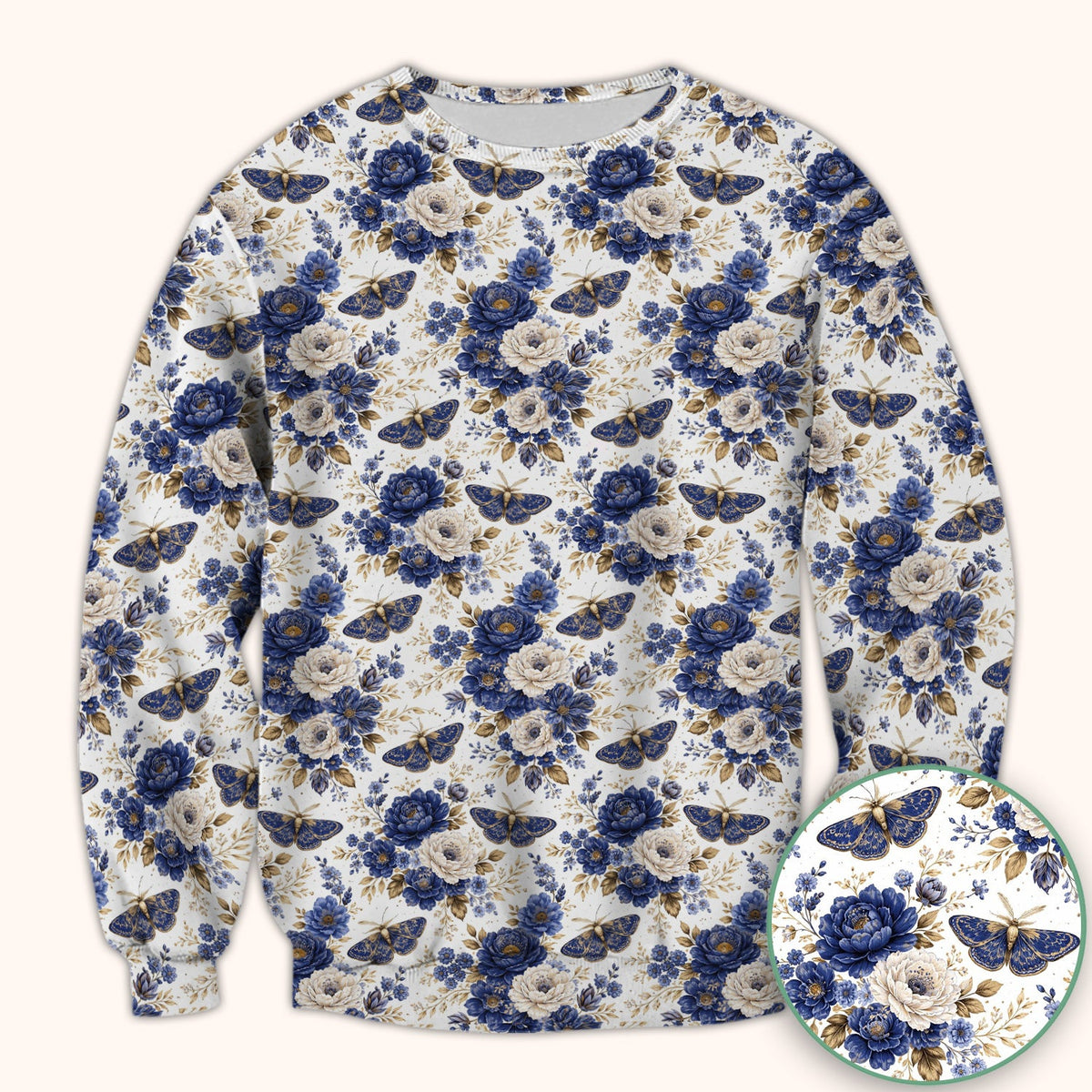 Cute Blue Floral Moth Nurse Scrub Top