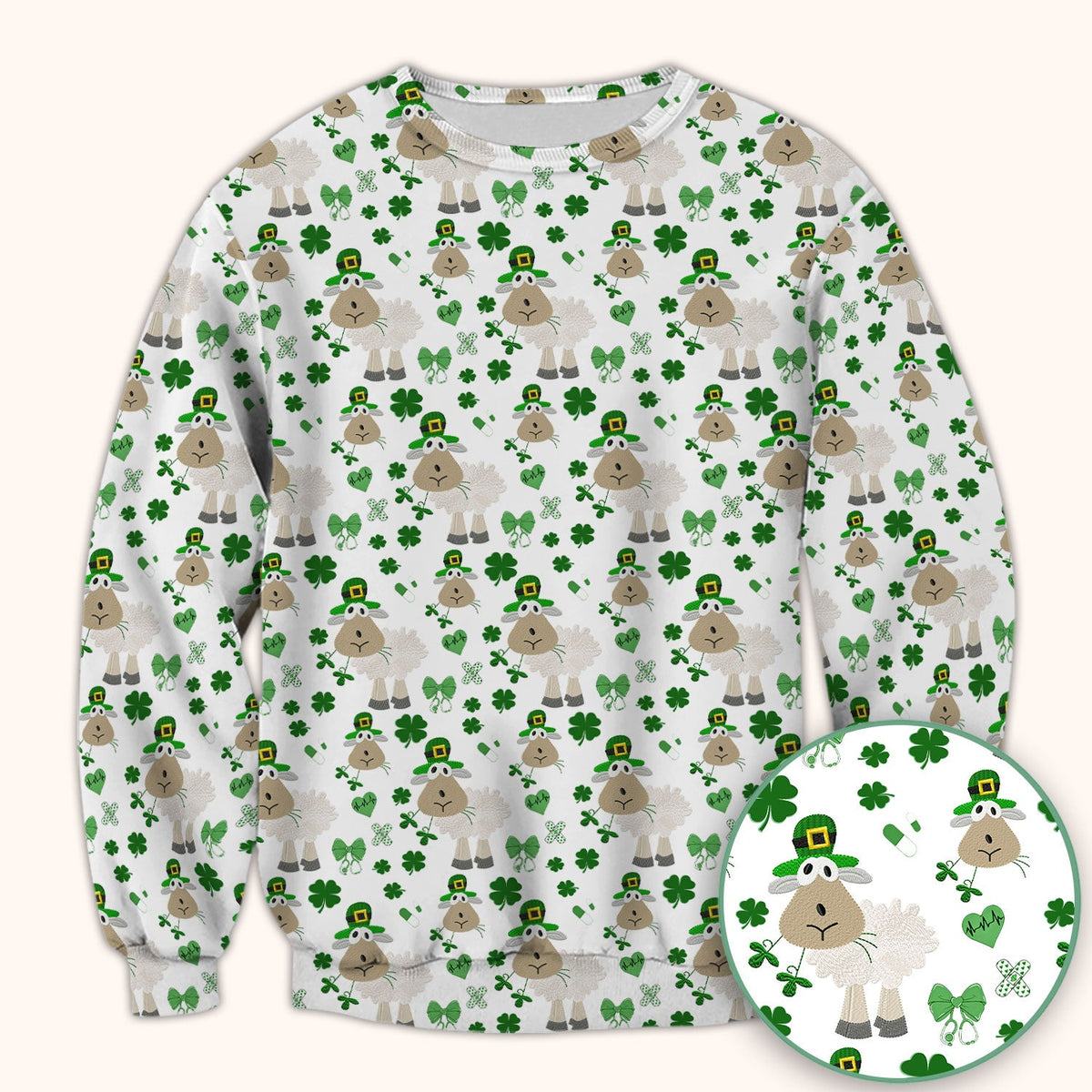 Nurse St. Patrick's Day Scrubs Top, Cute Sheep Shamrock Pattern Nurse Shirt, Breathable Fabrics Nursing Uniform