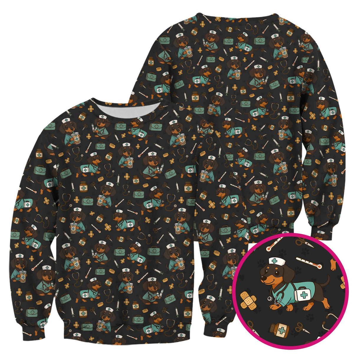 Funny Dachshund Nurse Scrubs - Cute Dog Print Medical Shirt - Holiday Nurse Scrub Top Gift for RN CNA Doctor, Women & Men
