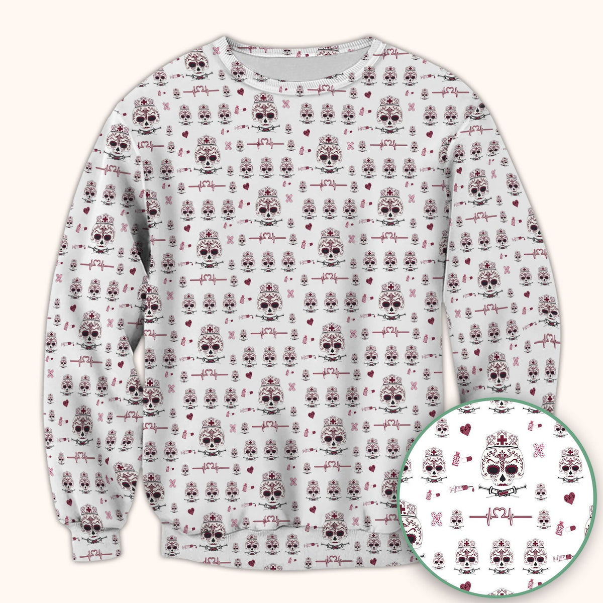 Sugar Skull Scrub Top, Skull Pattern Scrub Shirt, Breathable Fabrics Nursing Uniform