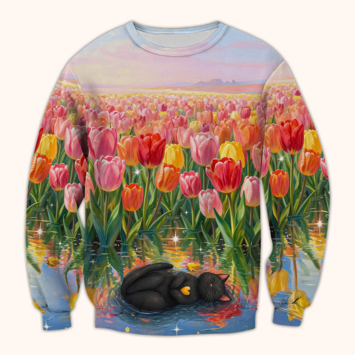 Sleeping Black Cat Tulip Field Nurse Scrub Top