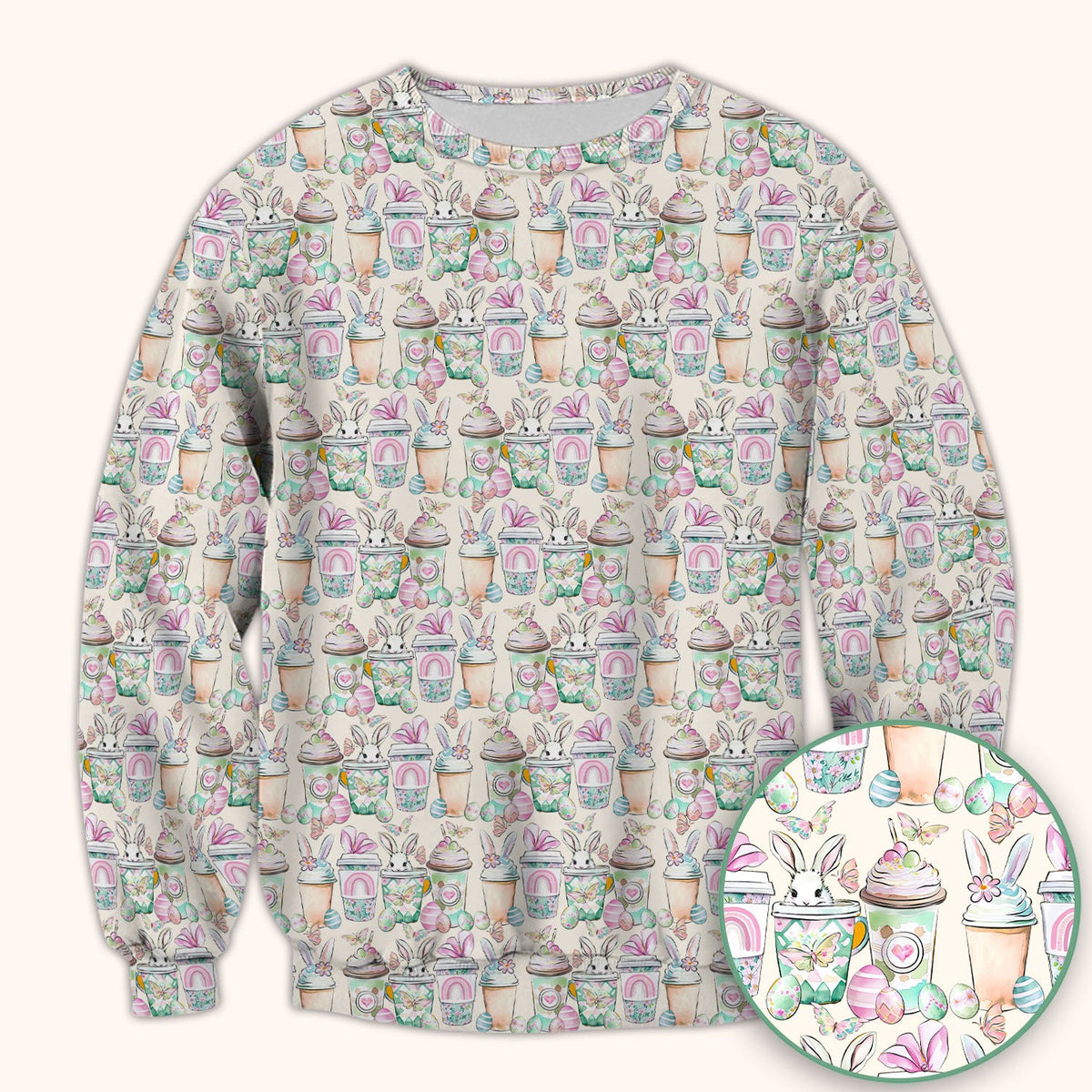Cute Easter Bunny Coffee Cup Pattern Scrub Top, Comfortable Scrubs for Nurses