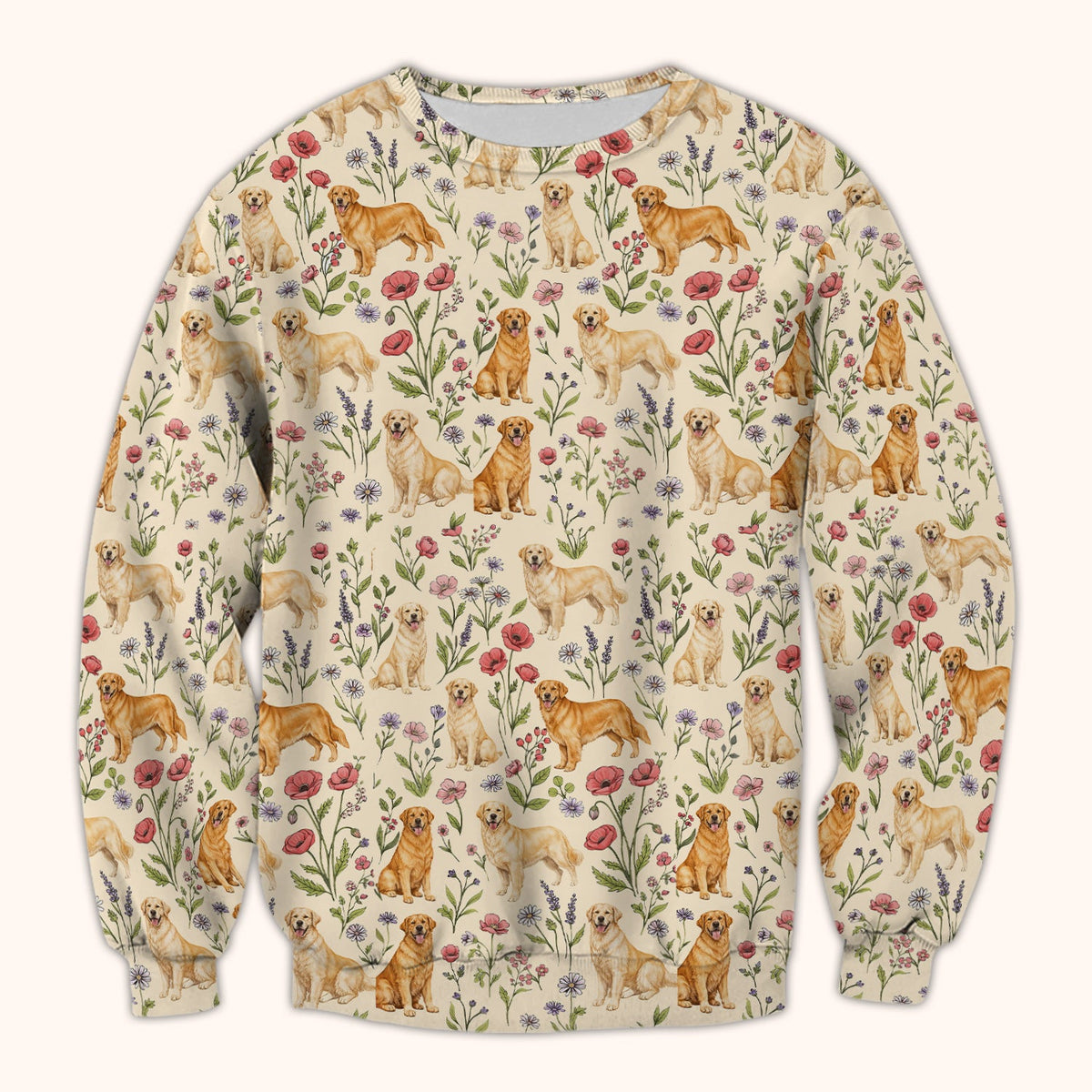 Cute Golden Retriever Floral Pattern Scrub Top, Breathable Fabrics Nursing Uniform