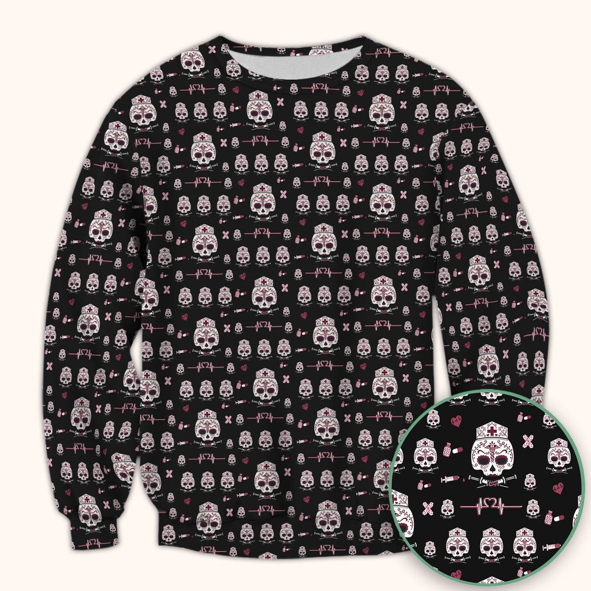 Sugar Skull Scrub Top, Skull Pattern Scrub Shirt, Breathable Fabrics Nursing Uniform
