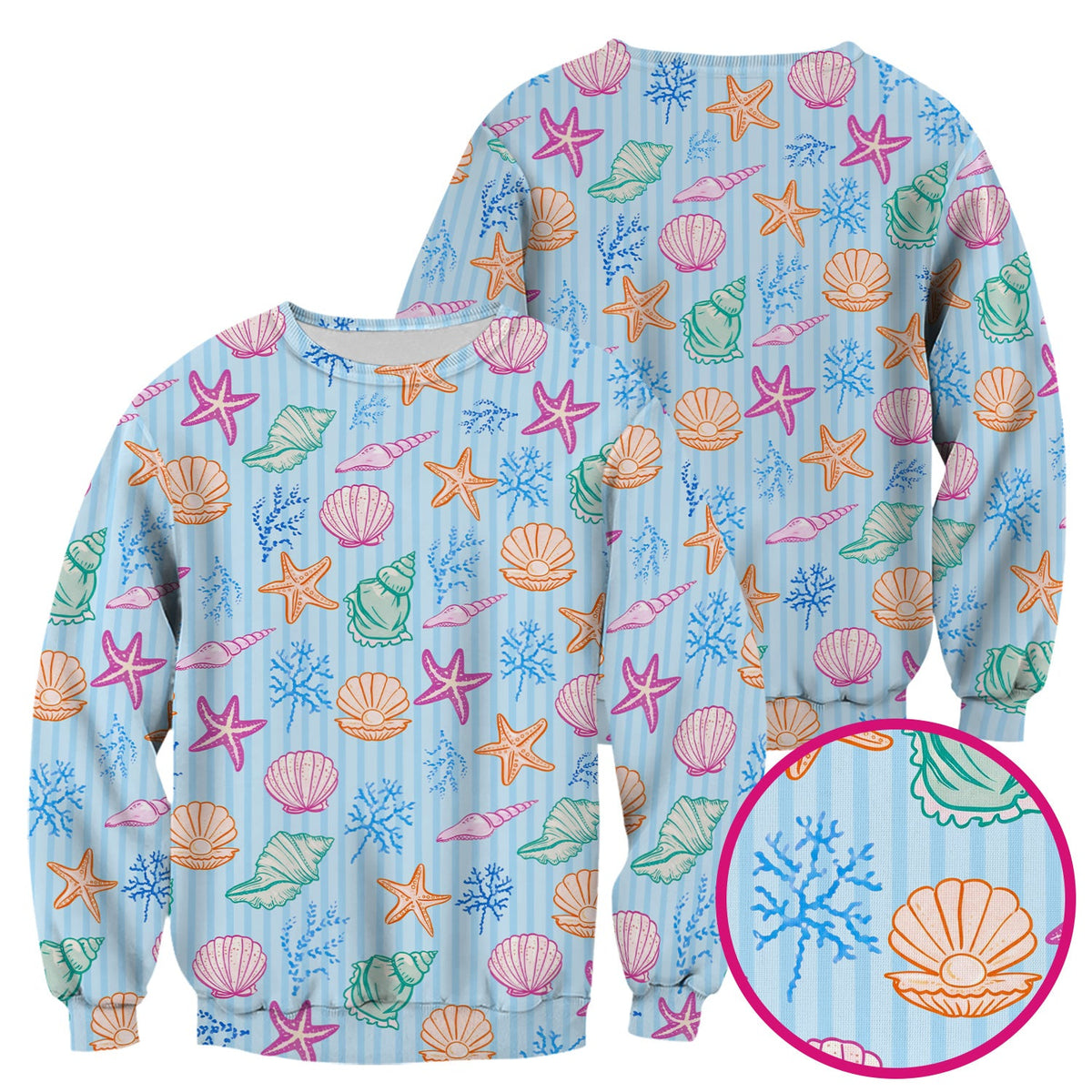Colorful Seashell Starfish Ocean Stripe Nurse Scrub Top