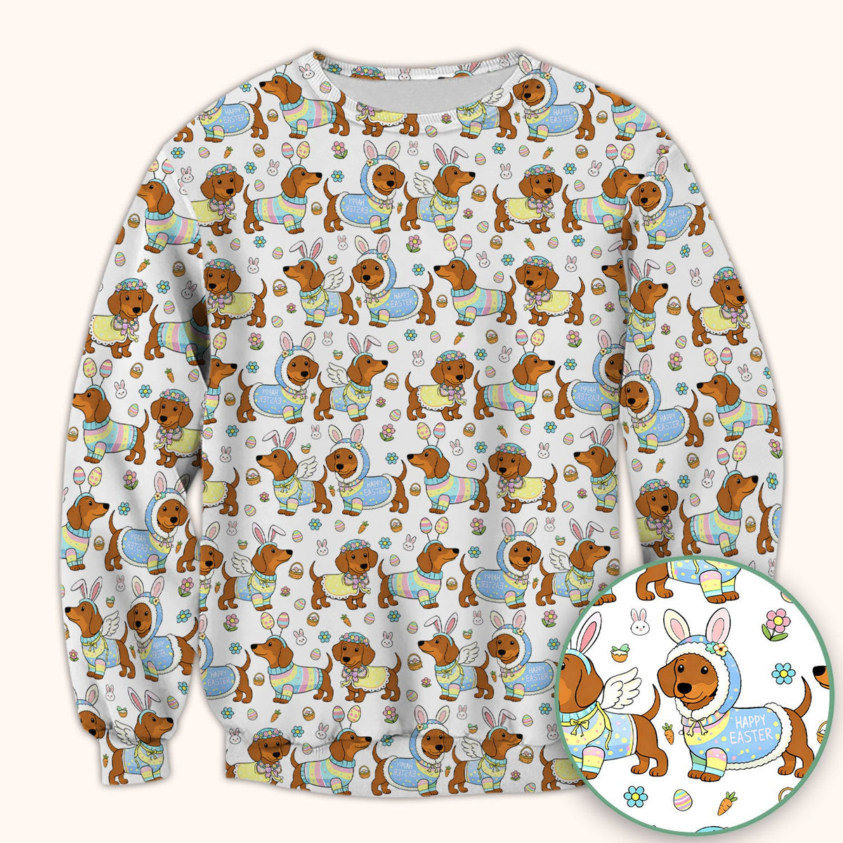 Easter Dachshund Bunny Print Scrub Top, Breathable Fabrics Nursing Uniform