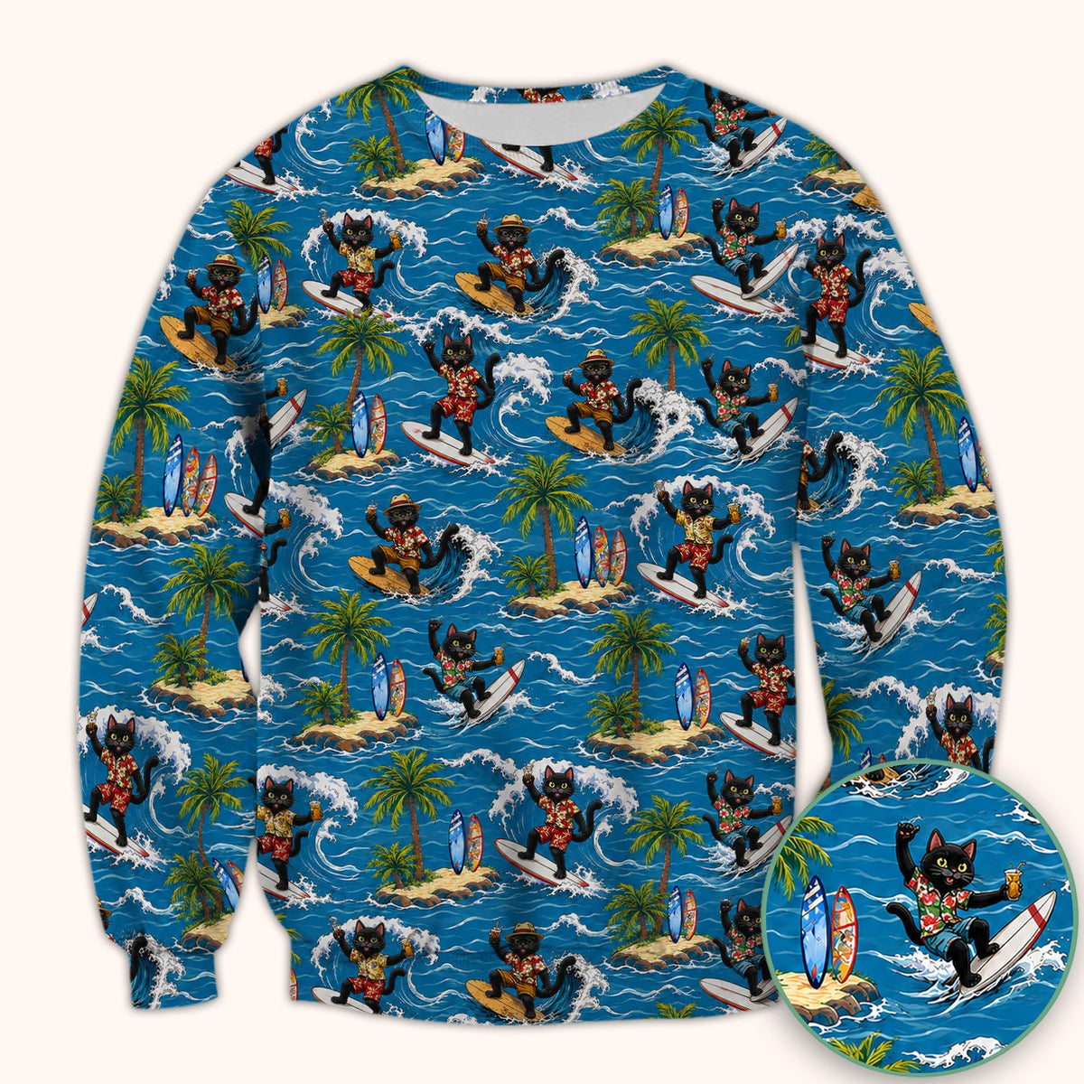 Tropical Black Cat Surfer Island Nurse Scrub Top