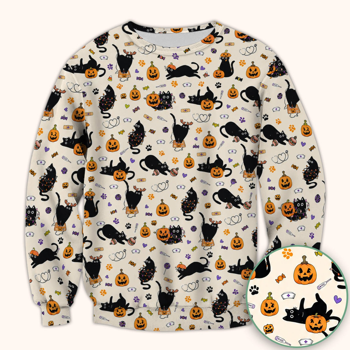 Pumpkin Black Cat Nurse Scrub Top