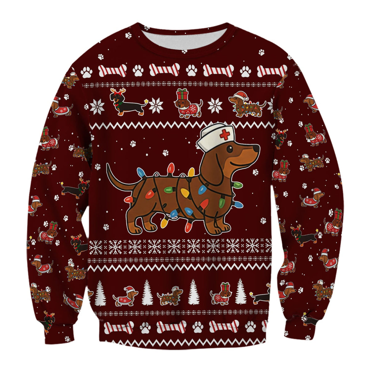 Christmas Dachshund Nurse Scrub Top for Women - Cute Sausage Dog Wearing Lights - Funny Holiday Medical Shirt Gift for RN CNA LPN