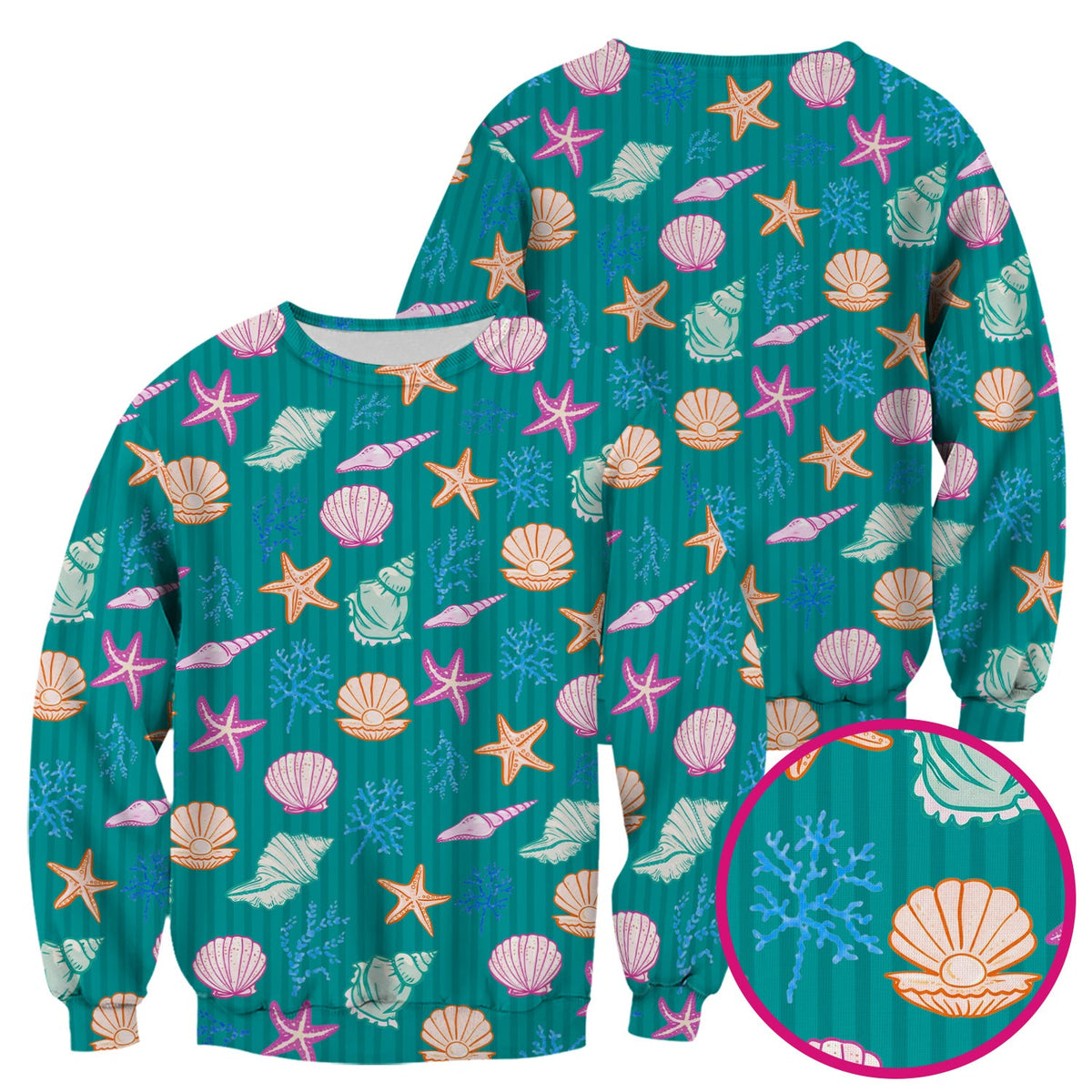 Colorful Seashell Starfish Ocean Stripe Nurse Scrub Top
