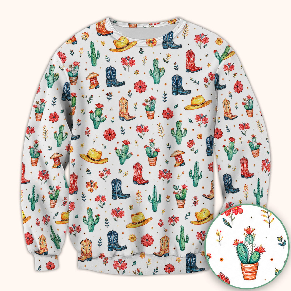Whimsical Western Cactus Boots Pattern Scrub Top, Breathable Fabrics Nursing Uniform