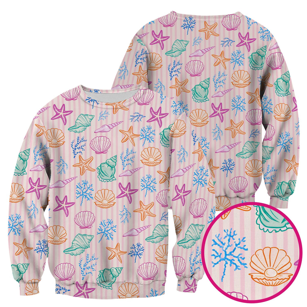 Colorful Seashell Starfish Ocean Stripe Nurse Scrub Top