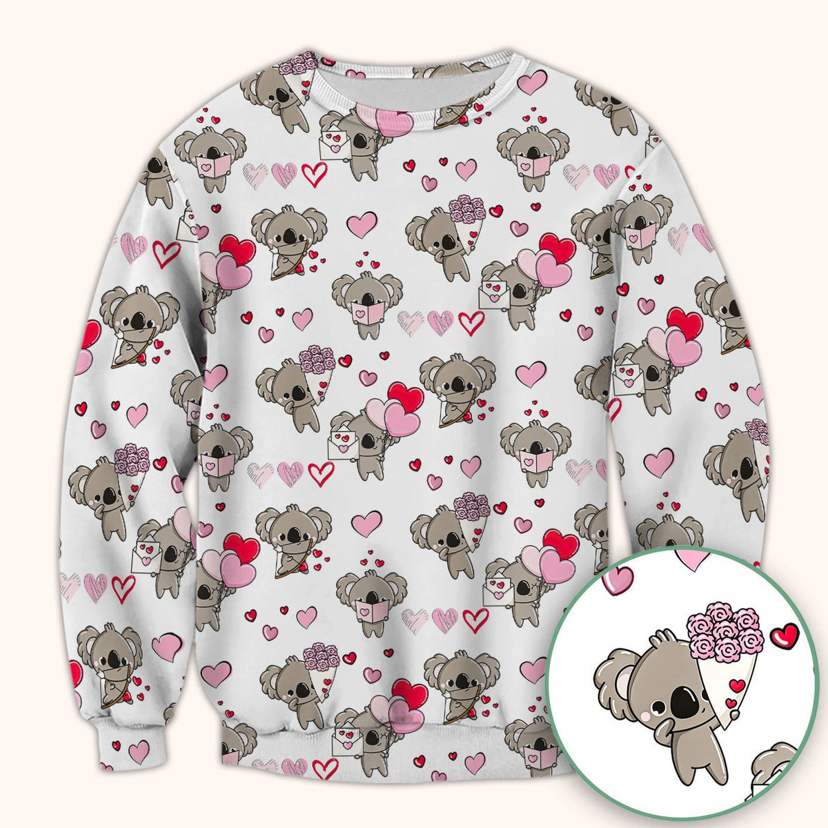 Valentine Koala Holding Flowers Cute Print Scrub Top, Comfortable Scrubs for Nurses