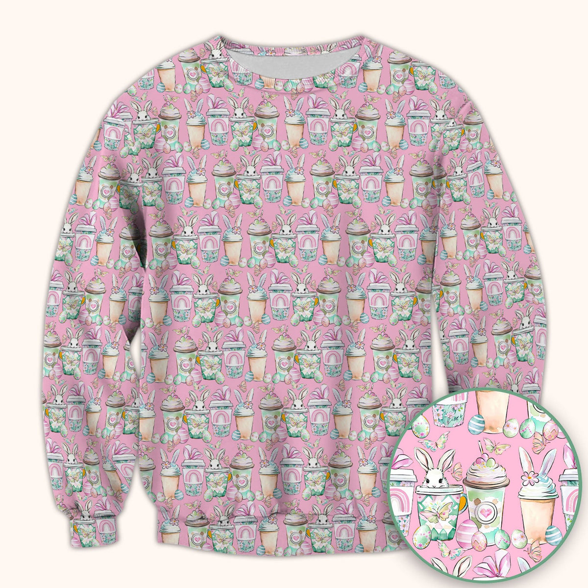 Cute Easter Bunny Coffee Cup Pattern Scrub Top, Comfortable Scrubs for Nurses
