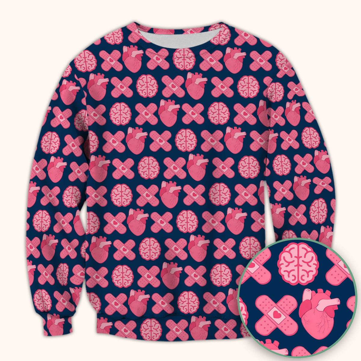 Heart & Brain Medical Icon Pattern Scrub Top, Breathable Fabrics Nursing Uniform