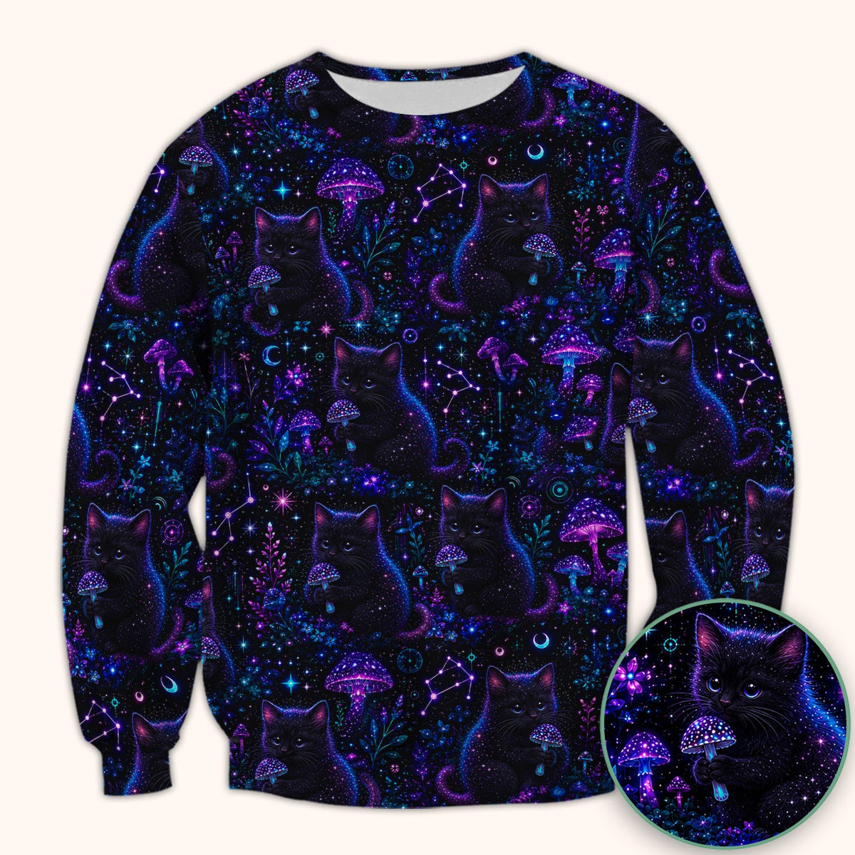 Neon Black Cat Mushroom Galaxy Nurse Scrub Top