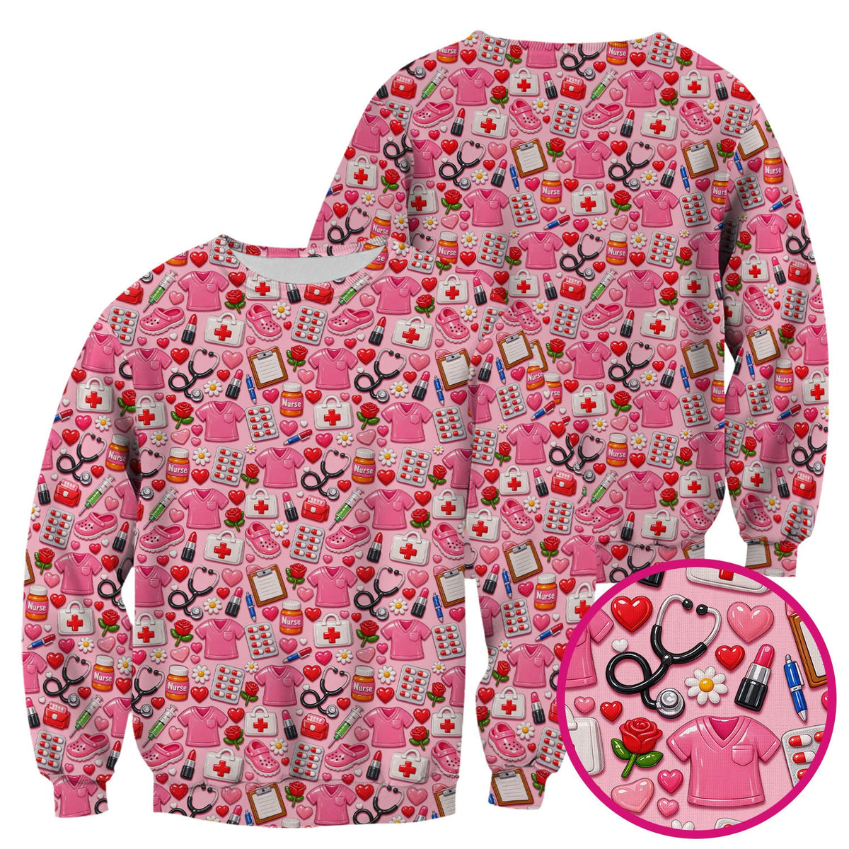Medical Icons Scrub Top, Cute Pattern Nurse Shirt, Breathable Fabrics Nursing Uniform