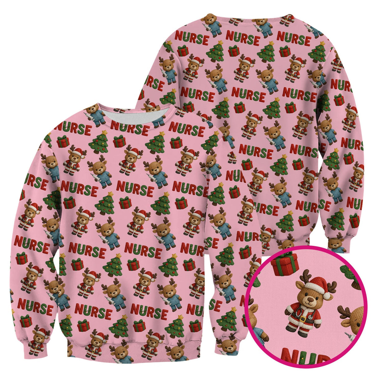 Reindeer Christmas Scrub Top, Cute Holiday Nurse Scrub Shirt, Festive Pattern Nursing Uniform