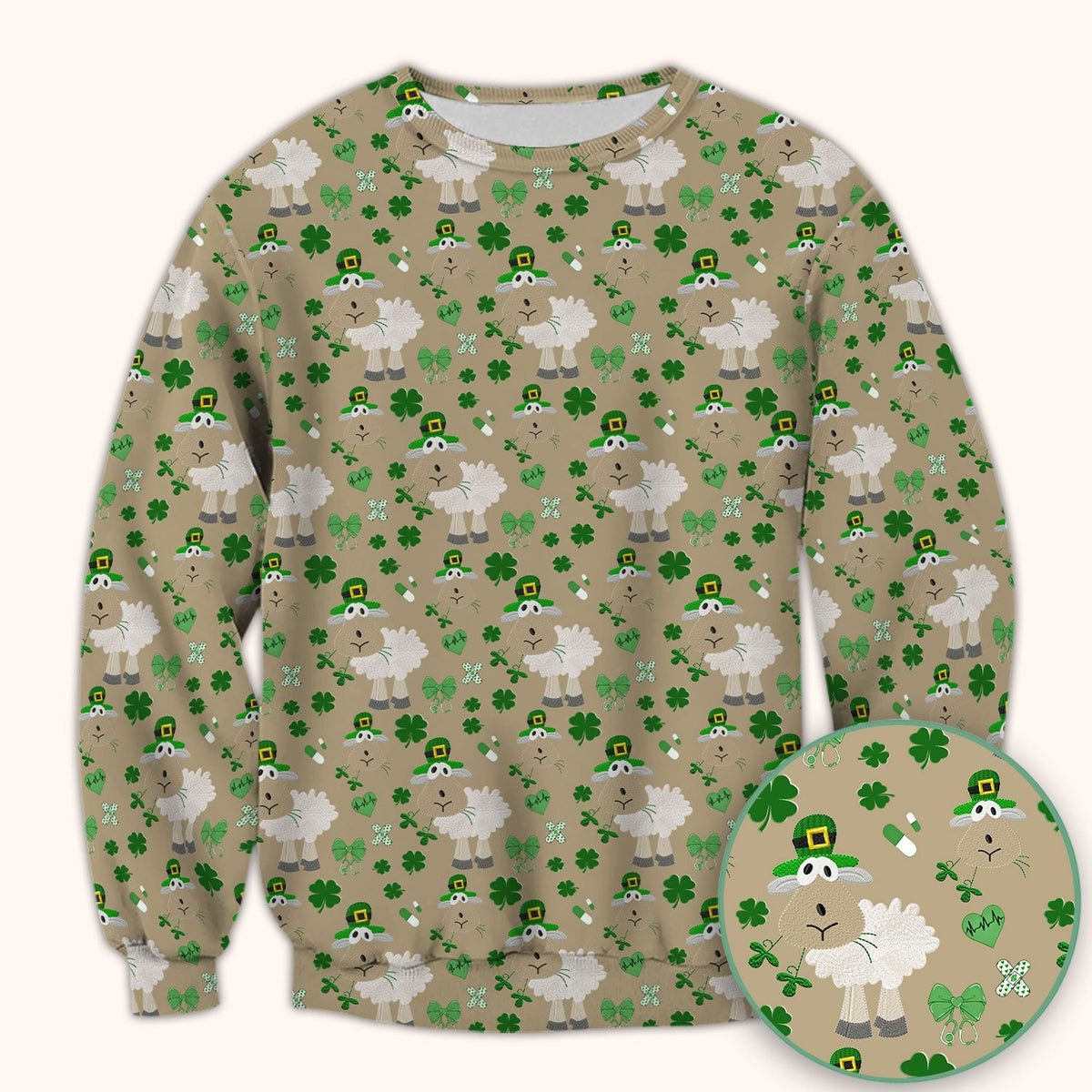 Nurse St. Patrick's Day Scrubs Top, Cute Sheep Shamrock Pattern Nurse Shirt, Breathable Fabrics Nursing Uniform