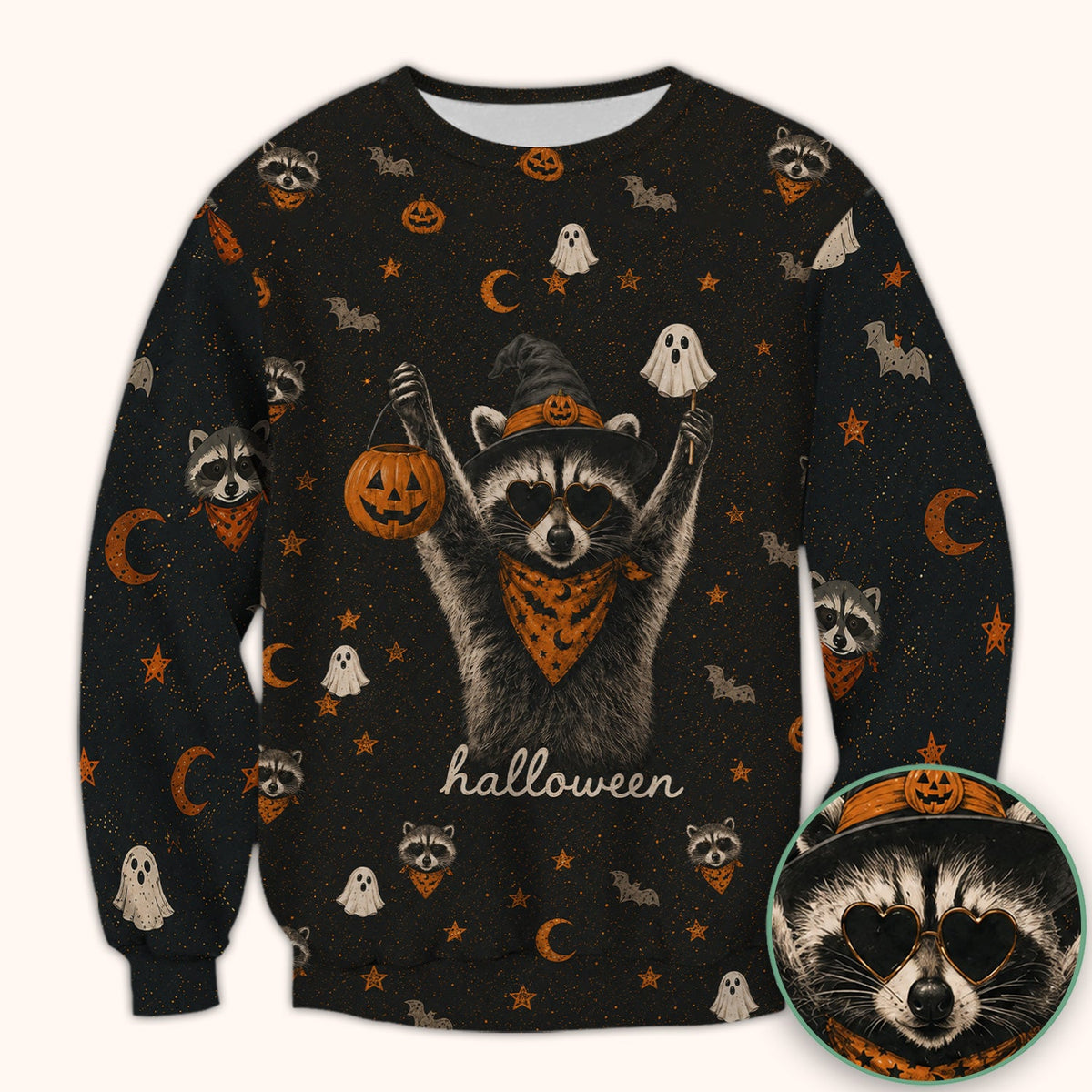 Ghost Pumpkin Raccoon Nurse Scrub Top - Halloween Gift