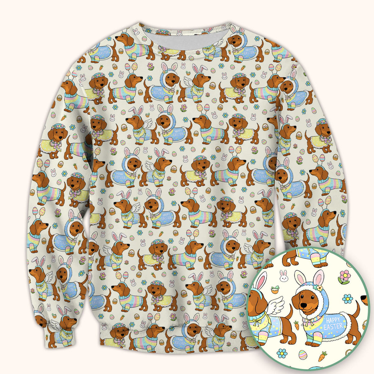 Easter Dachshund Bunny Print Scrub Top, Breathable Fabrics Nursing Uniform
