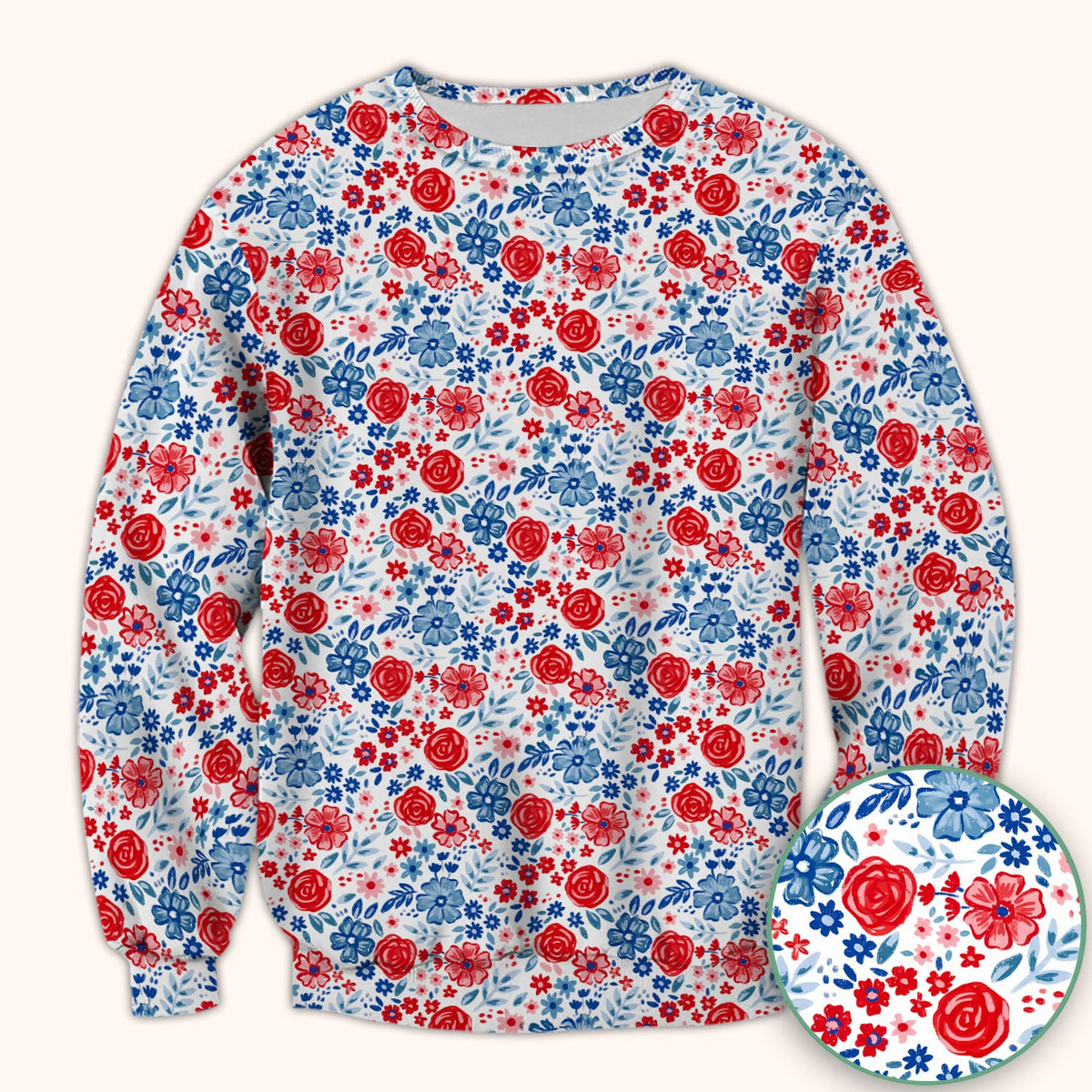 Red Blue Floral Garden Blossom Nurse Scrub Top