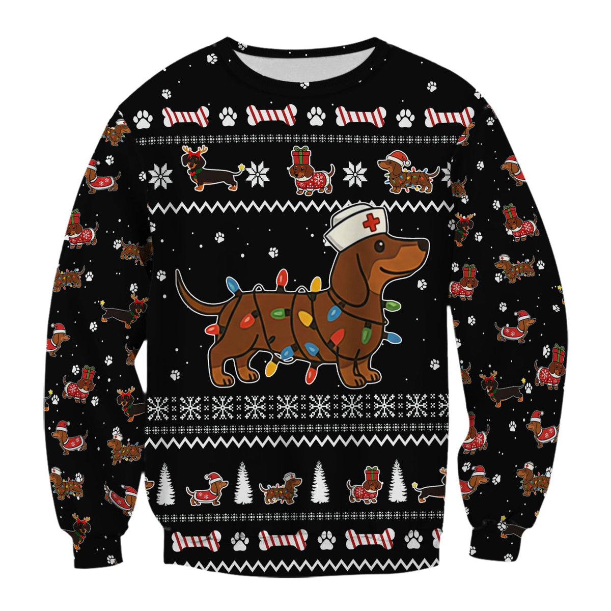 Christmas Dachshund Nurse Scrub Top for Women - Cute Sausage Dog Wearing Lights - Funny Holiday Medical Shirt Gift for RN CNA LPN