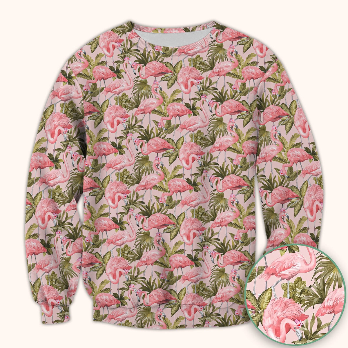 Pink Flamingo Jungle Leaves Nurse Scrub Top