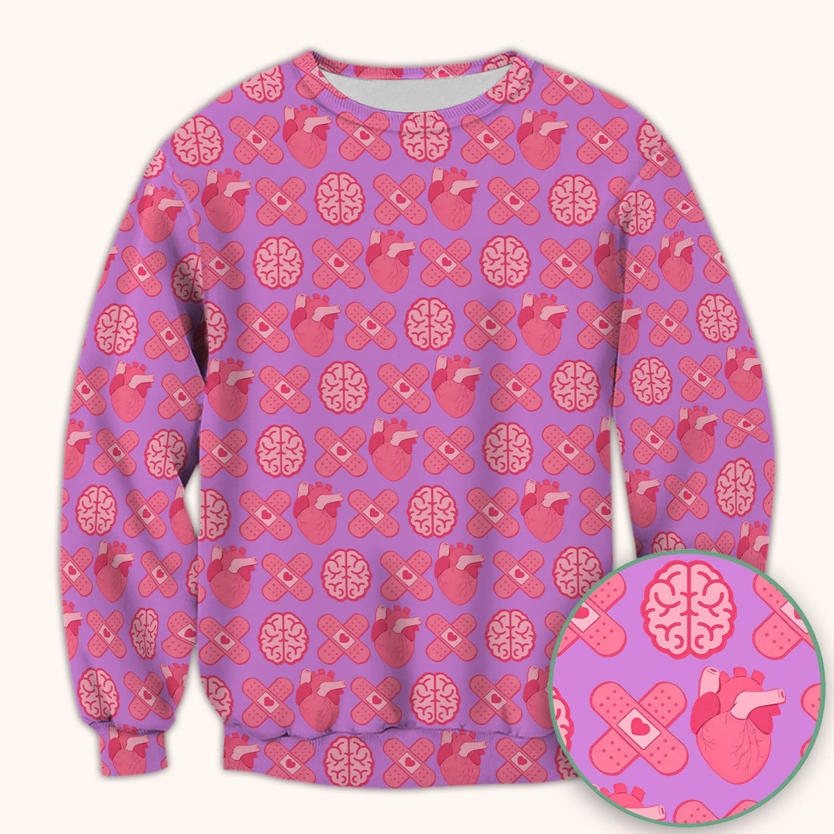Heart & Brain Medical Icon Pattern Scrub Top, Breathable Fabrics Nursing Uniform
