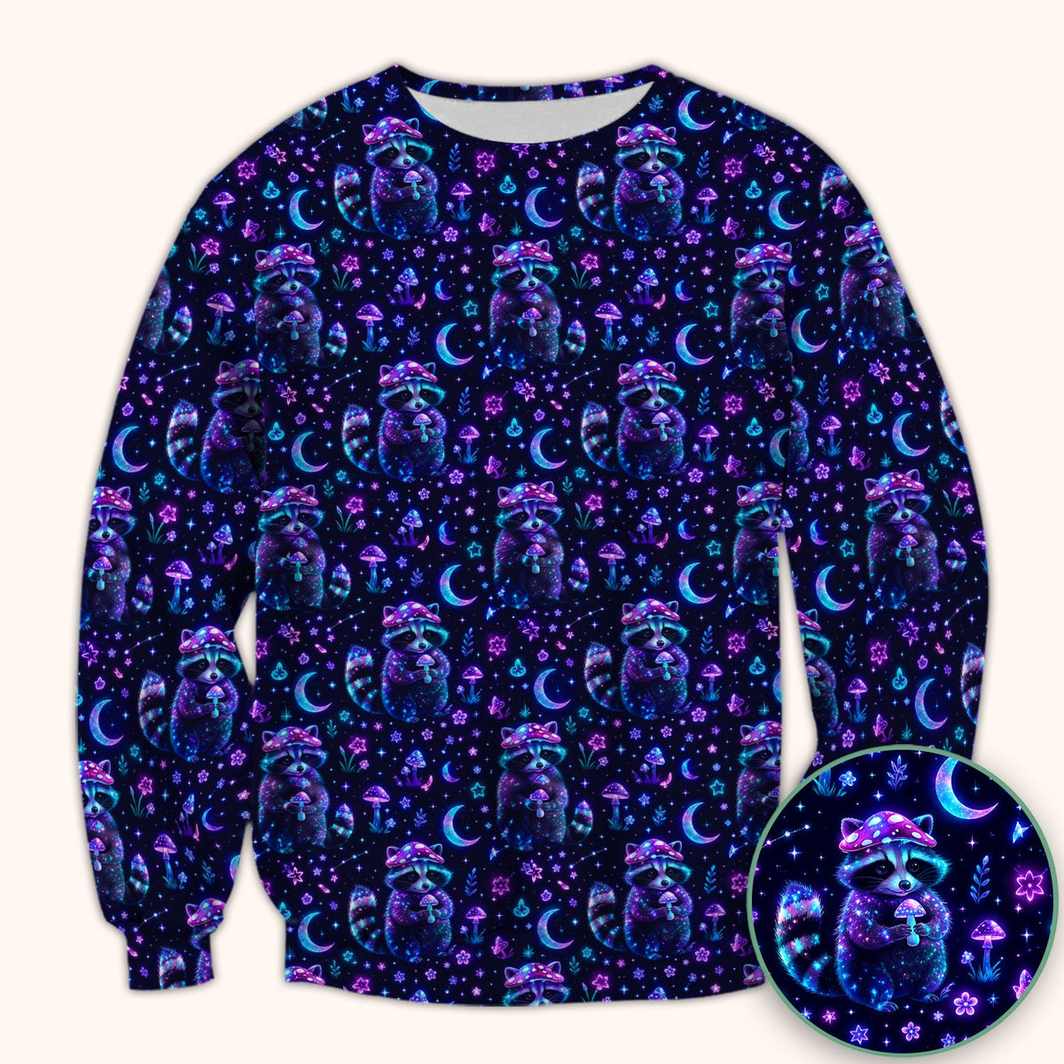 Neon Mushroom Raccoon Moonlight Nurse Scrub Top