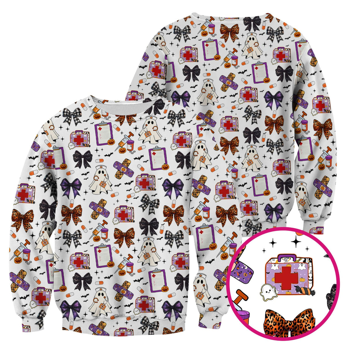 Spooky Ghost Pumpkin Bow Nurse Scrub Top