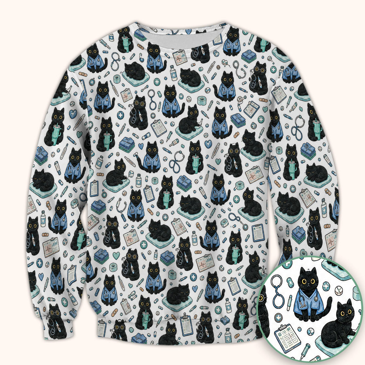 Black Cat Clinic Nurse Scrub Top