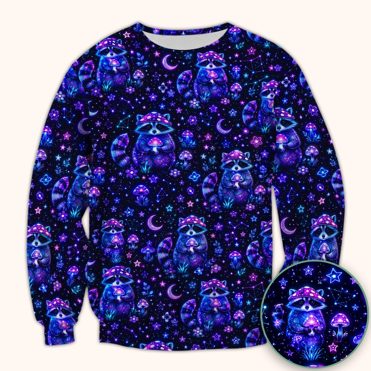 Neon Mushroom Raccoon Galaxy Nurse Scrub Top