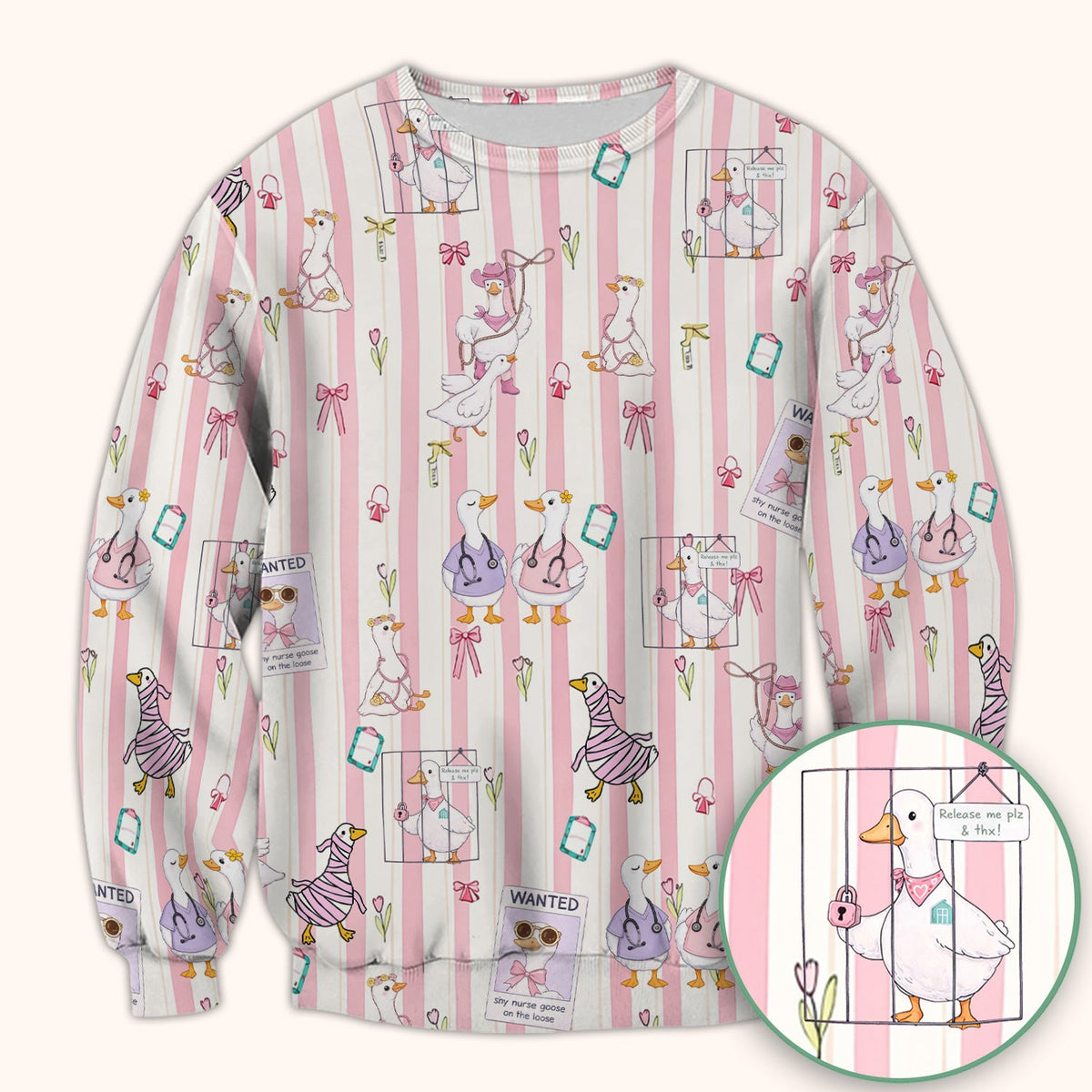 Cute Nurse Duck Stripe Pattern Scrub Top, Comfortable Scrubs for Nurses