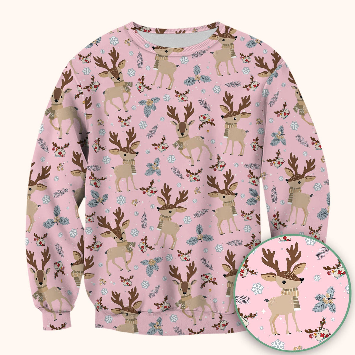 Reindeer Christmas Scrub Top - Cozy Beige Holiday Nurse Shirt with Cute Deer Pattern - Festive Medical Scrubs for Women RN CNA LPN