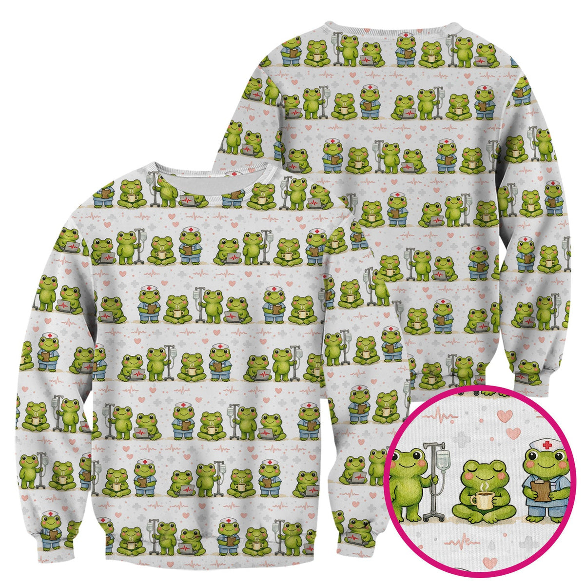 Adorable Frog Nurse Various Poses Print Scrub Top, Comfortable Scrubs for Nurses
