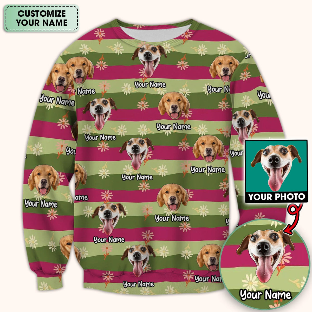 Personalized Dog Photo Spring Stripes Nurse Scrub Top